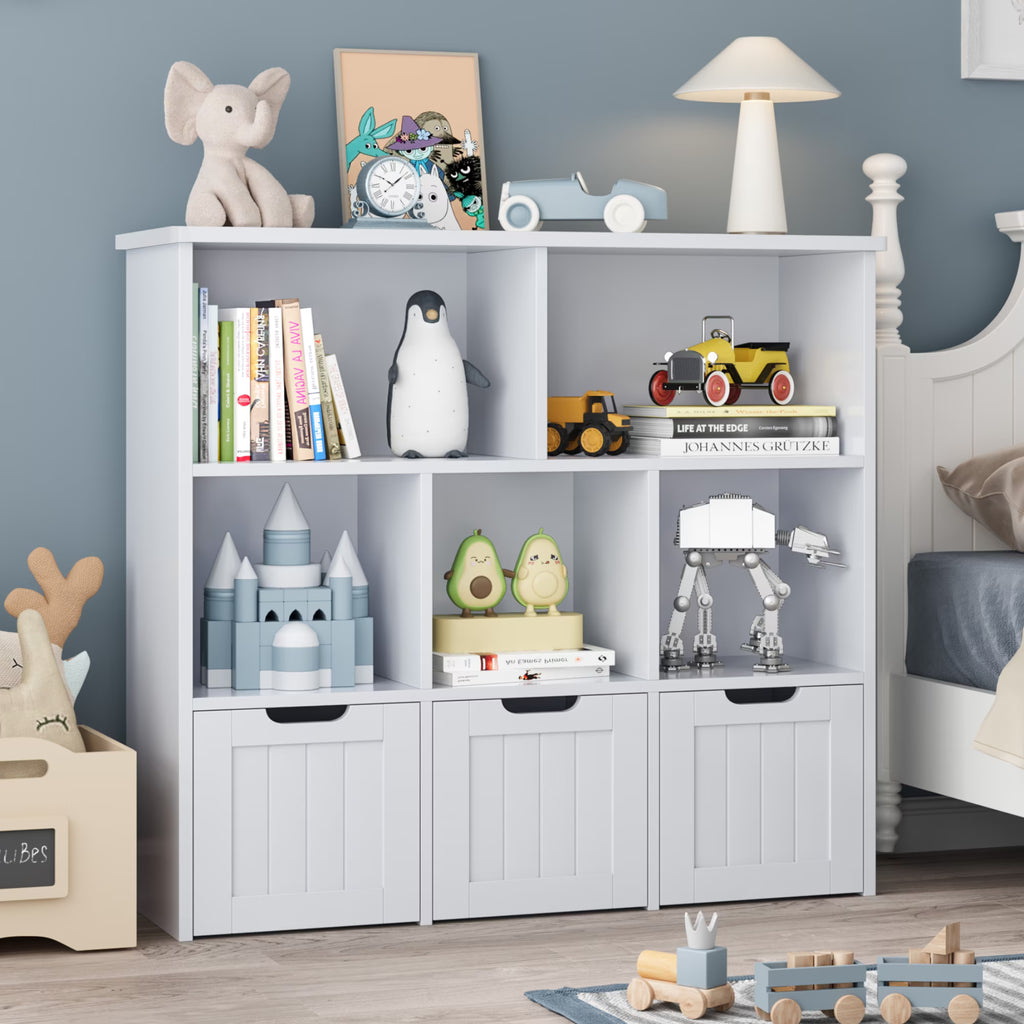 Homfa Toy Storage Organizer with 3 Movable Drawers, 5 Cube Kids Bookcase for Playroom, Storage Cabinet for Living Room, White Finish