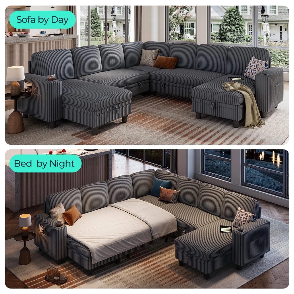 Linsy Home Storage Sectional Sleeper Sofa with Pull Out Bed, 9 Seat Modular Sectional Sofa with with USB & Cup Holder, Plush Corduroy Sectional Couches for Living Room, Green