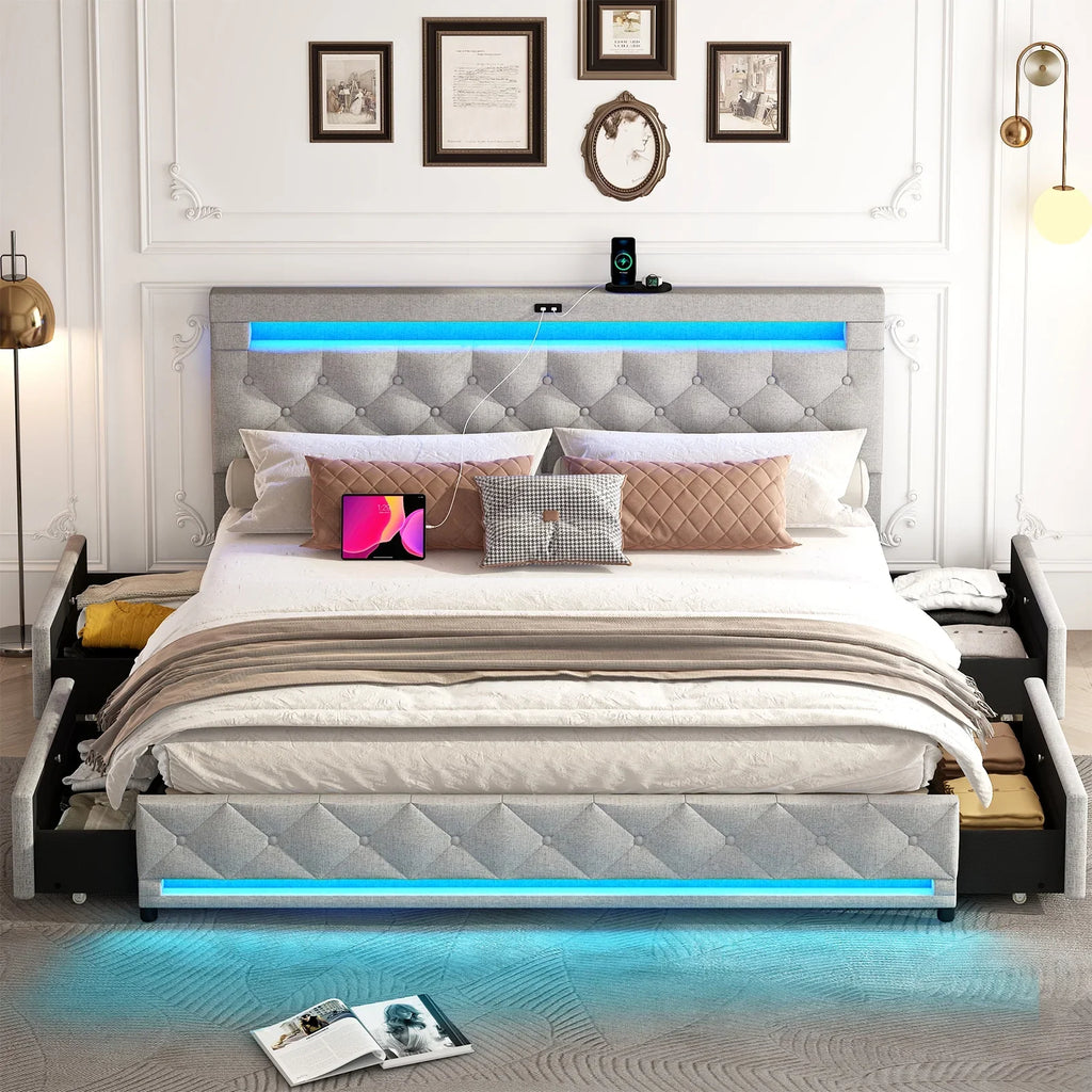 LED Bed Frame Queen Size with 4 Storage Drawers + 2 USB Ports and Outlets, Adjustable Upholstered Headboard, Solid Wooden Slat Support, No Box Spring Needed
