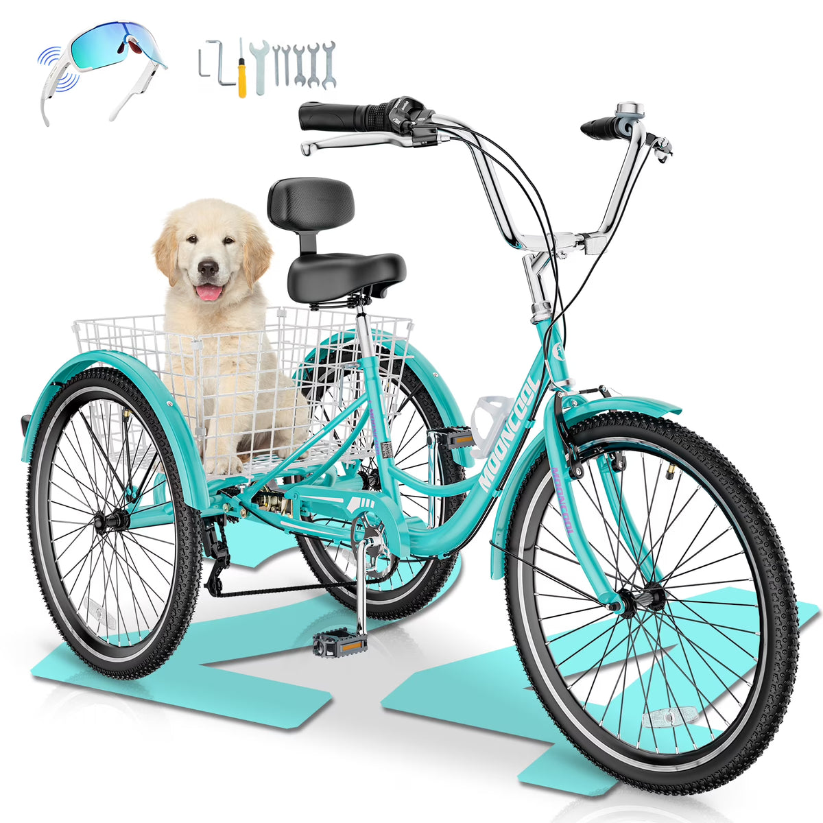 MOONCOOL Adult Tricycles with Rear Basket & Inflator, 24 26 inch 7 Speed 3 Wheel Bikes, Three-Wheeled Bicycles Adult Trike with Backrest for Seniors, Women, Men