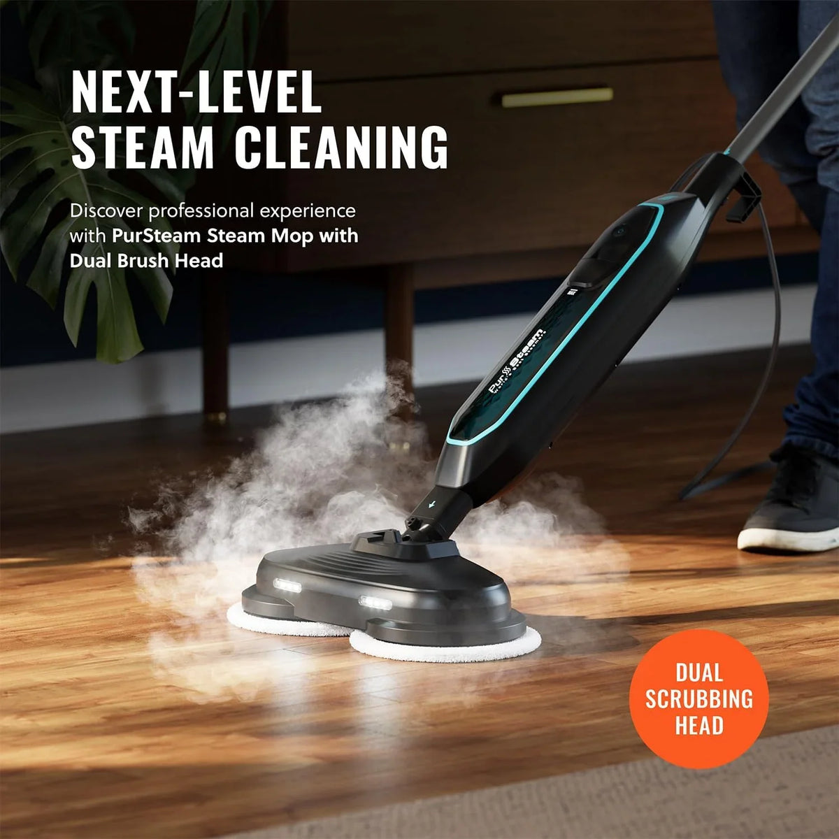 Pursteam ScrubMaster Steam Mop with Dual Scrubbing Head, LED Headlights, Adjustable Steam Control, Anti-Slip Swivel Head, Cable Holder & Upright Lock