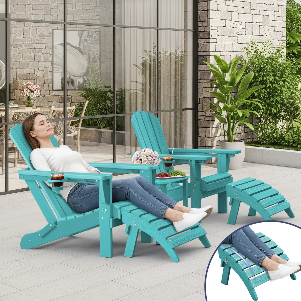 SERWALL Outdoor Adjustable Folding HDPE Adirondack Chairs Set of 2 with Cup Holder, Gray