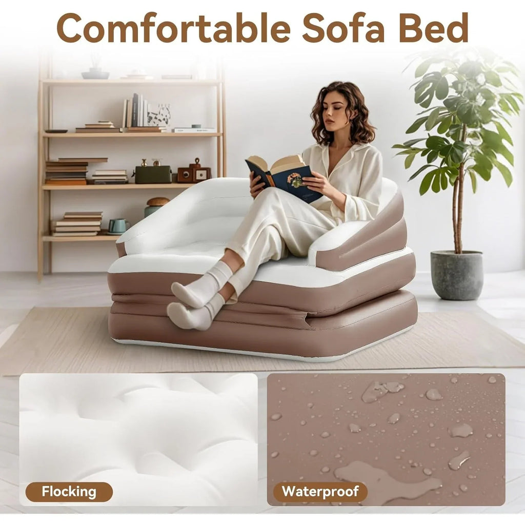 Full Size Air Mattress for Inflatable Portable Blow Up Mattress Sofa Bed with Flocked top-Double Air Couch for Tent Camping(Dark Brown)