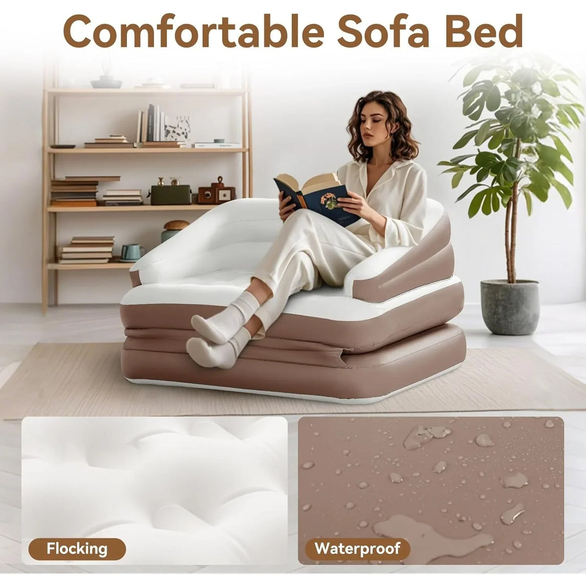 Full Size Air Mattress for Inflatable Portable Blow Up Mattress Sofa Bed with Flocked top-Double Air Couch for Tent Camping(Dark Brown)