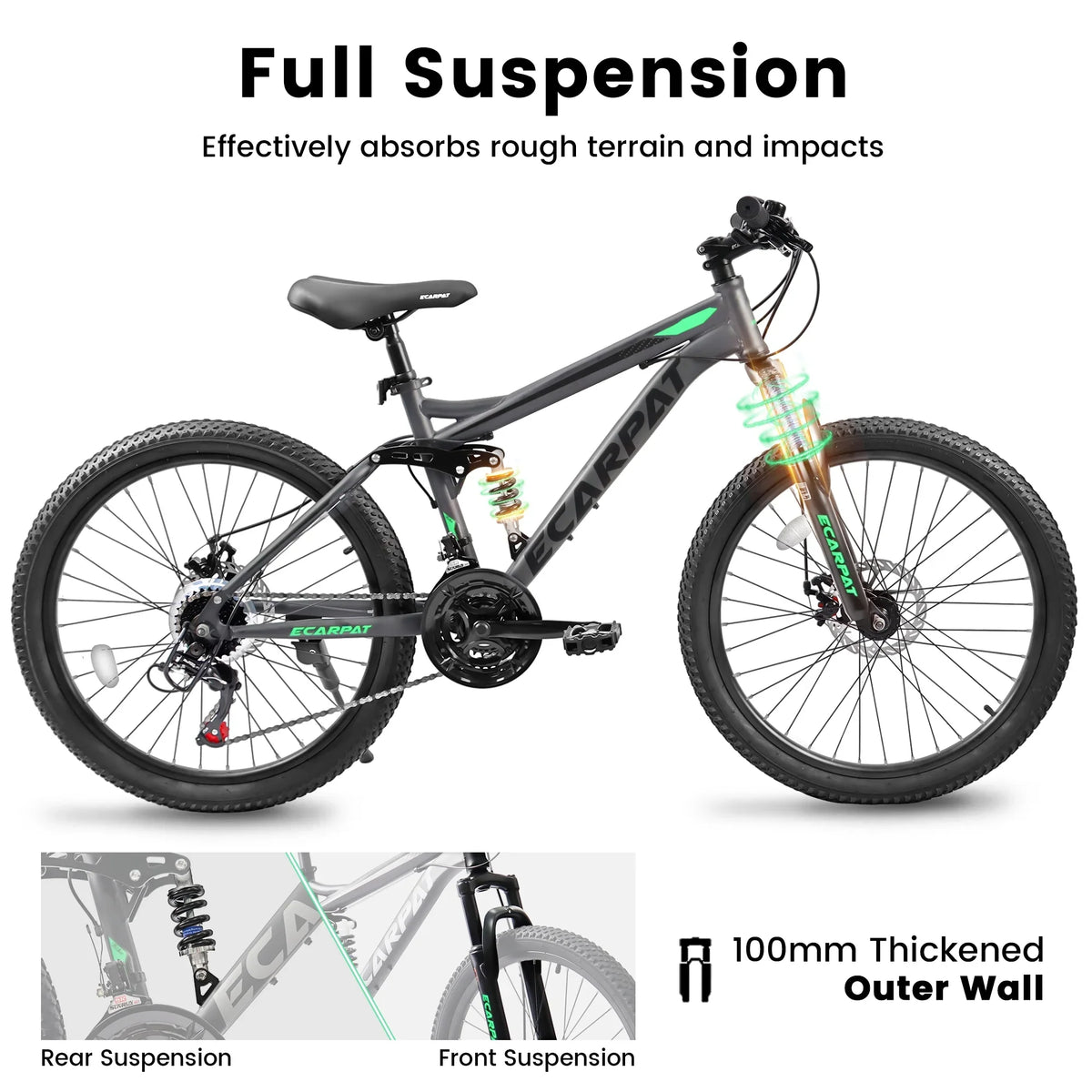 Juuar 26" Mountain Bike for Men, 21 Speed Disc Brake MTB, Full Suspension Steel Frame City Bike Bicycle for Adults, Gray