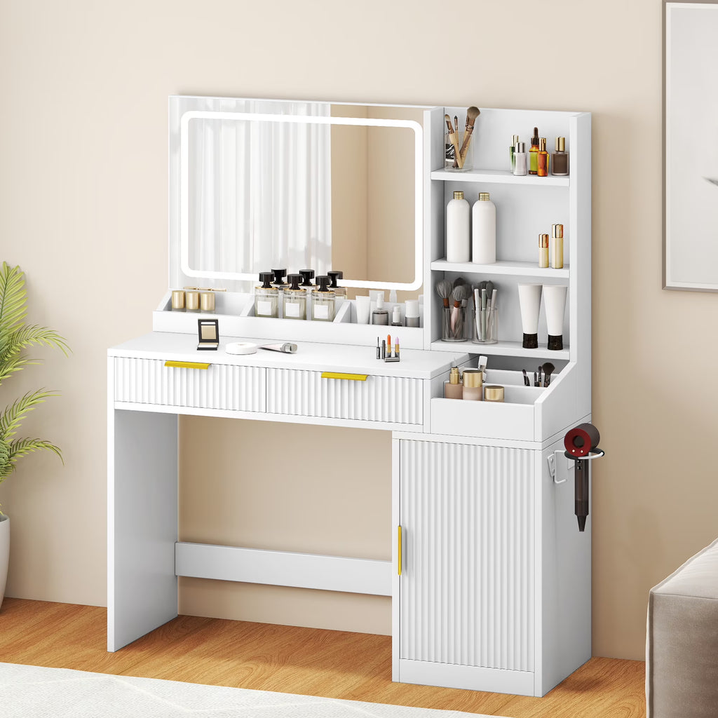 Craftian White Makeup Vanity Desk with Large Mirror and Lights, Dressing Table with 2 Storage Drawers & Power Outlets