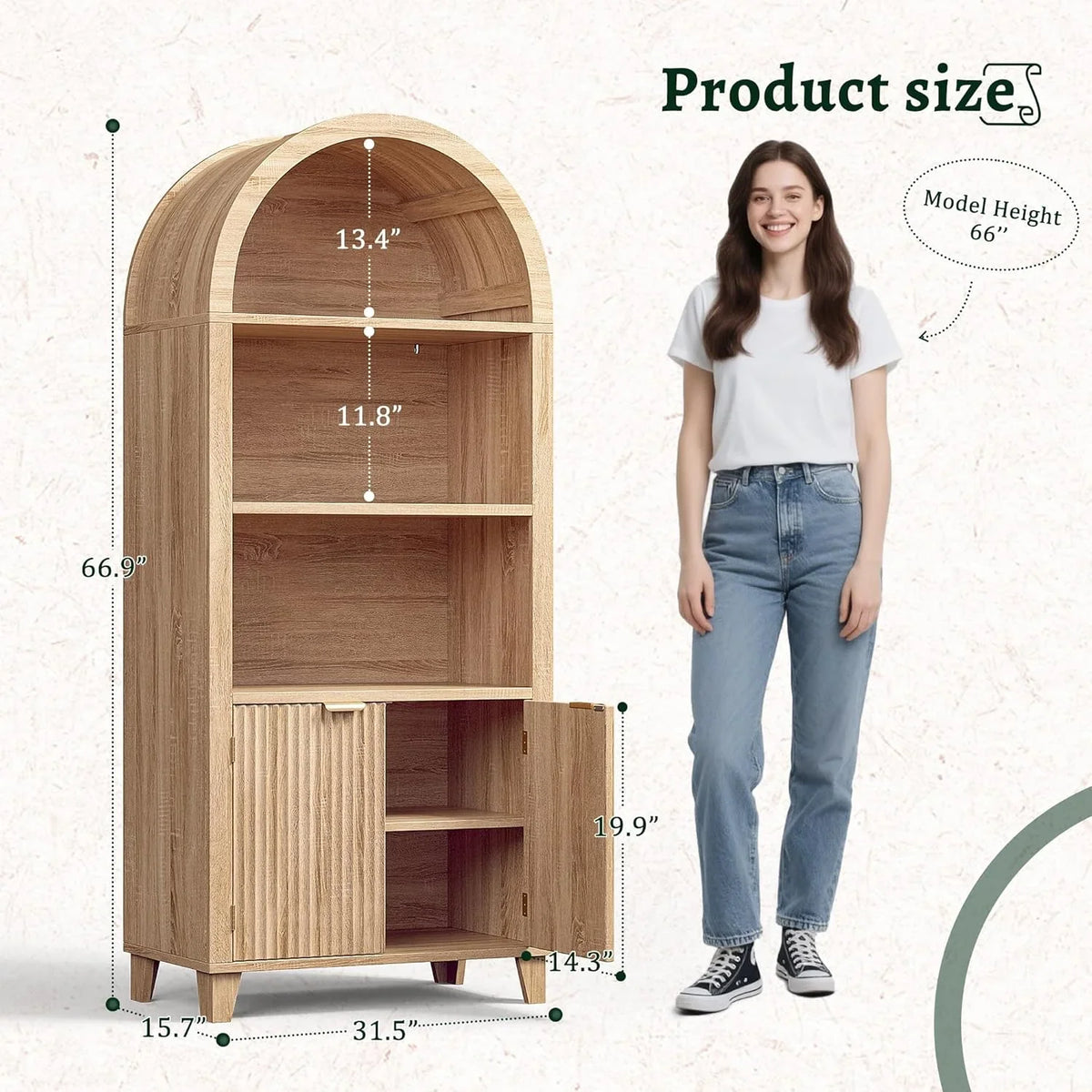Bookshelf Arched Cabinet,5-Tier Arched Bookcase with Doors and Adjustable Shelves,Wooden Storage Cabinet with Open Display Shelf for Office,Living Room"Light Oak