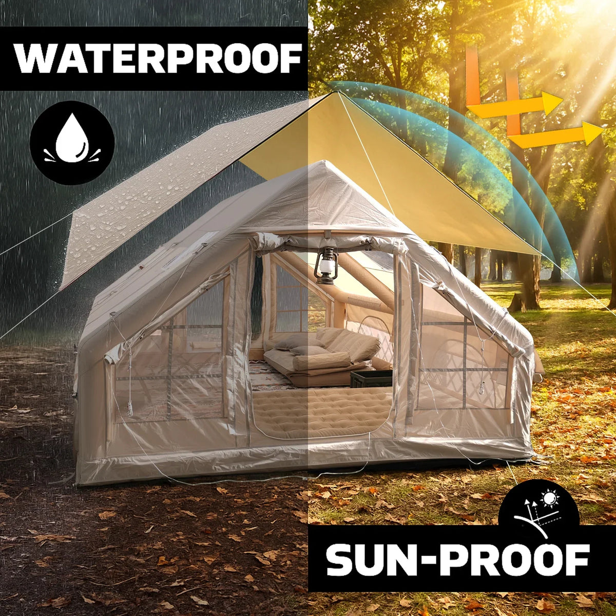 Inflatable Camping Tents 4/6/8/10 Person,129 Square Feets Large Blow up Tent with Stove Jack