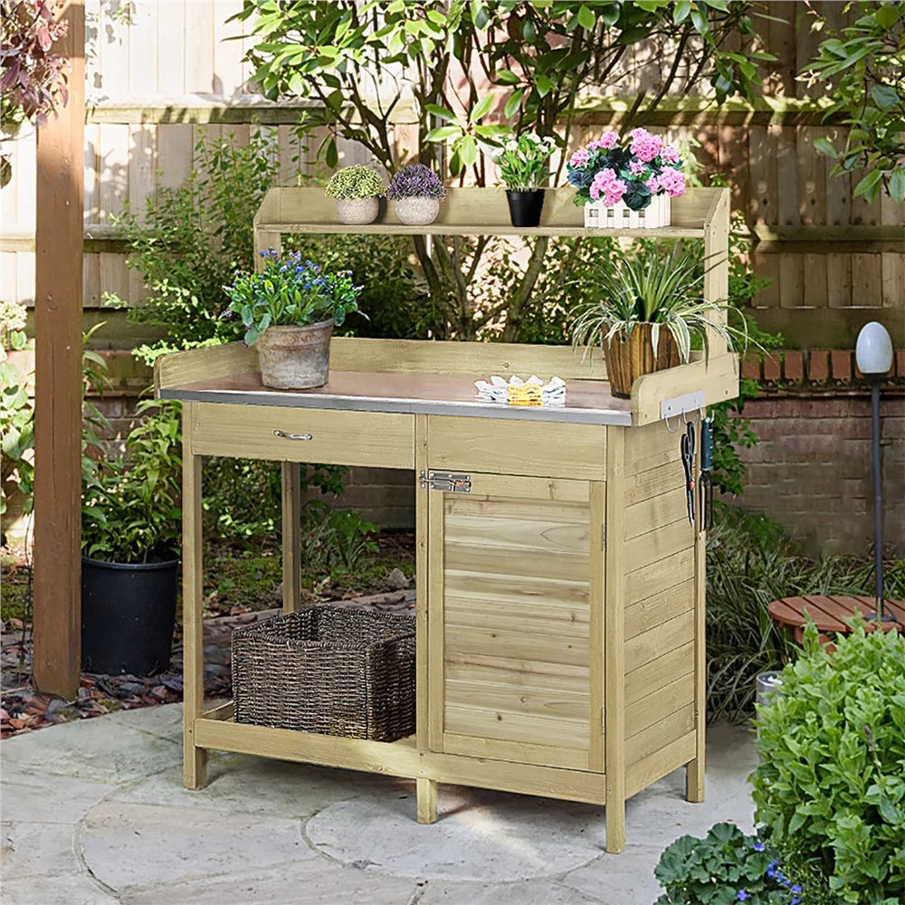 Renwick Outdoor Garden Potting Bench W/Cabinet Drawer Open Shelf, Gray