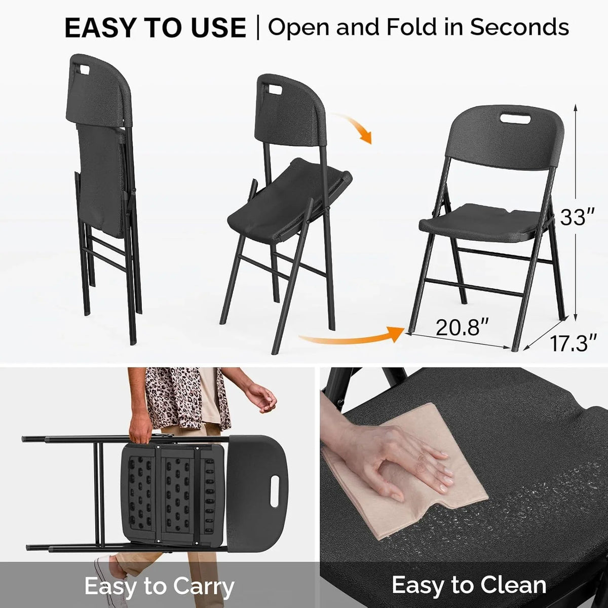 DYUKFG Folding Chairs, Heavy Duty Foldable Chair Portable HDPE Plastic Seat with Steel Frame for Indoor Outdoor Dinning Party Wedding School Use, White, 6 Pack