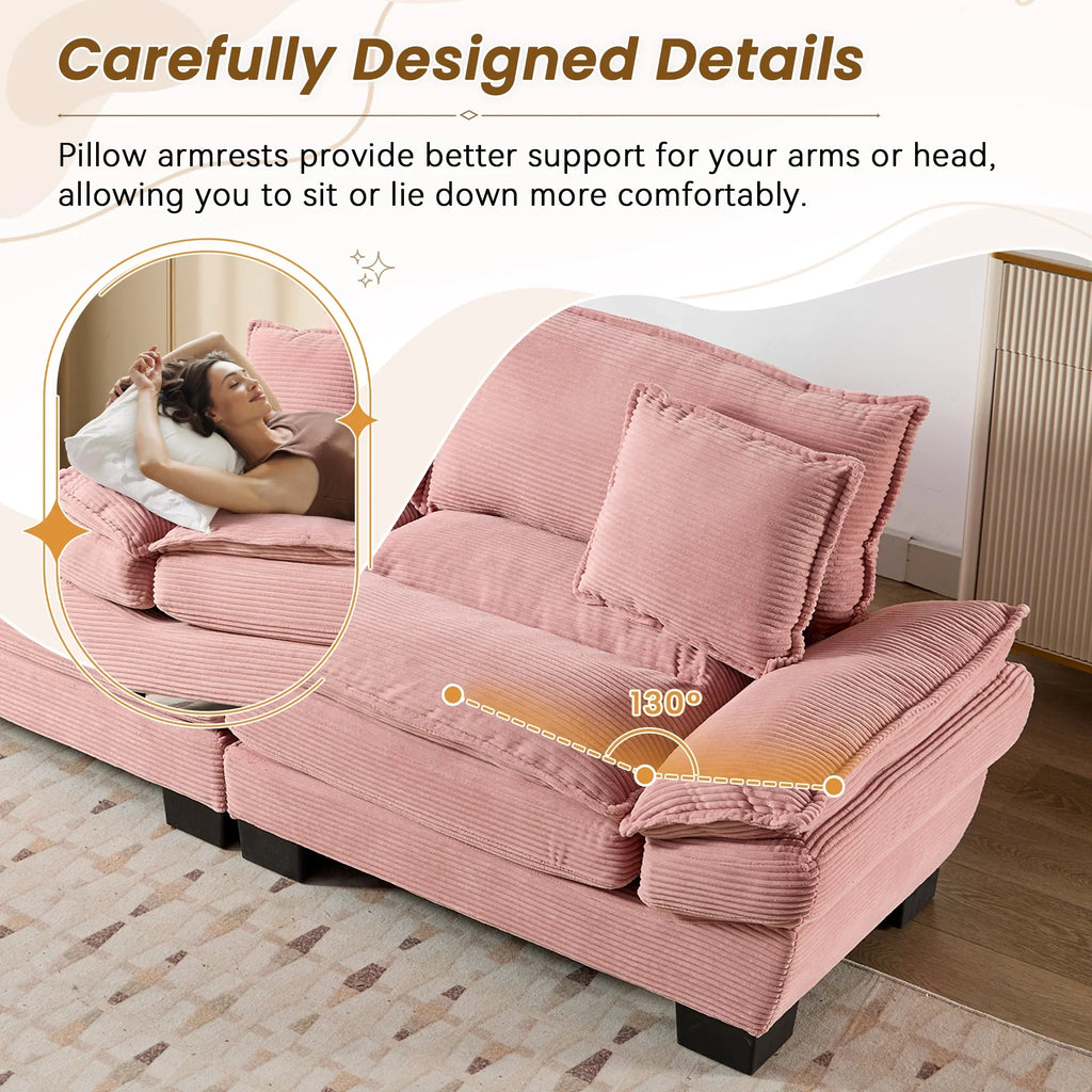 Dinosisco 84"L Deep Seat Sofa, Corduroy Upholstered Sleeper Couch for Living Room, Pink