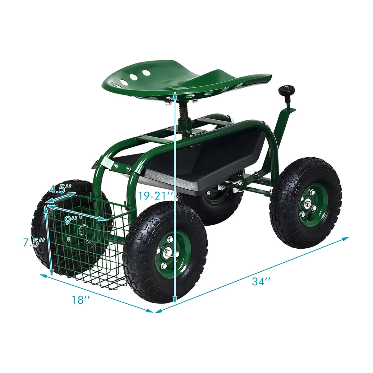 Costway Garden Cart Rolling Work Seat w/ Tool Tray Basket Green