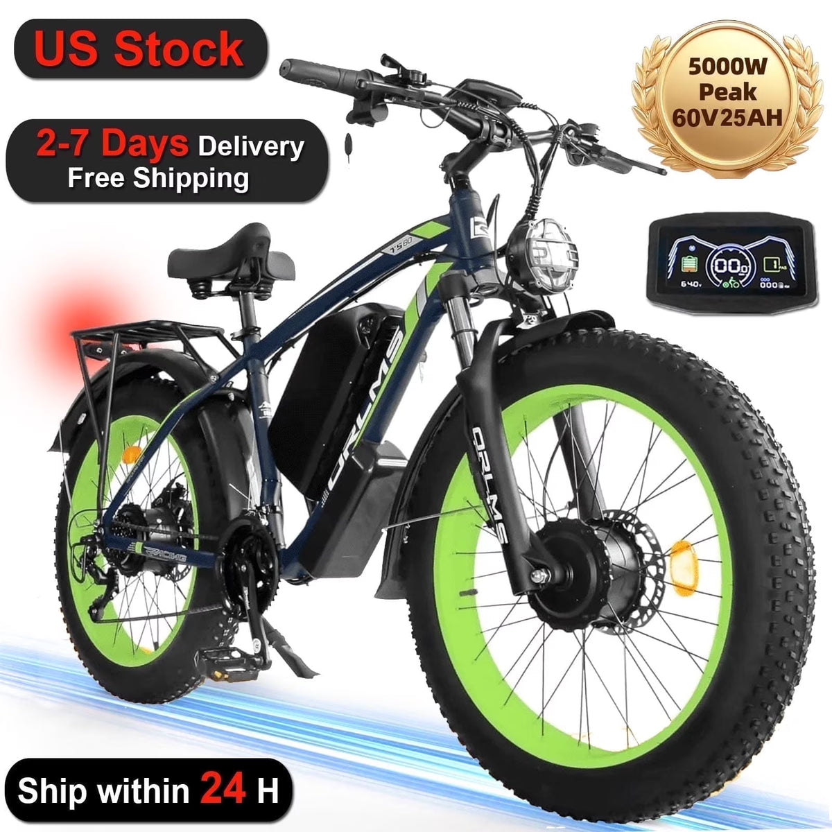 (US in Stock) 5000W Peak Dual Motor Electric Bike for Adults, 60V 25AH Removable Battery Ebike, 50MPH AWD 21-Speed Mountain Snow E-Bike with 26" x 4.0 Fat Tire, Long Range Mountain Off-Road EBikes