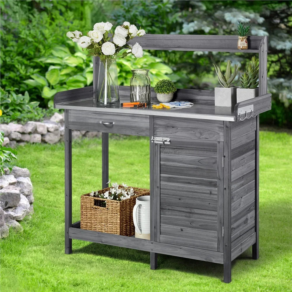 Renwick Outdoor Garden Potting Bench W/Cabinet Drawer Open Shelf, Gray