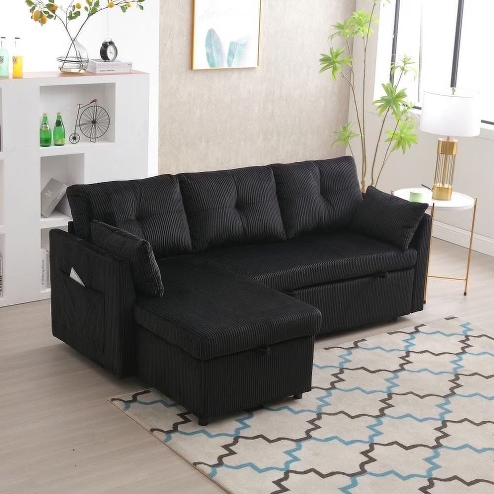 Villeston L-Shaped 3-Seat Sofa with Pull-Out Bed, with Storage Chaise Couch for Living Room, Chenille Fabric,Olive