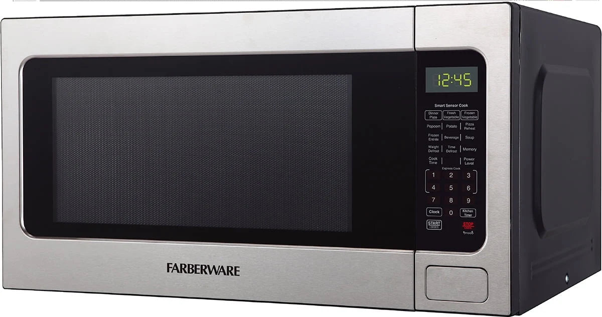 Farberware Countertop Microwave Ov 1100 Watts, 2.2 cu ft - Smart Sensor With LED Lighting and Child Lock - Perfect for Apartments and Dorms - Easy Clean Black Interior, Stainless Steel