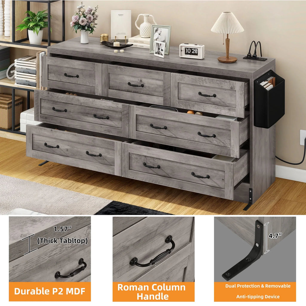 Craftian 7-Drawer Double Dresser Storage Cabinet with Power Outlets, Wood Chest of Drawers, Gray