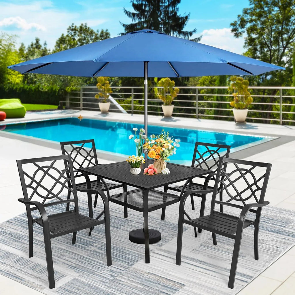 SUNCROWN 5-Piece Outdoor Wrought Iron Chairs and Table Patio Dining Furniture Set - 4 Stackable Metal Chairs, 1 Steel Slat Bistro Table and 1 Sky Blue 9Ft Patio Umbrella for Garden Backyard Deck