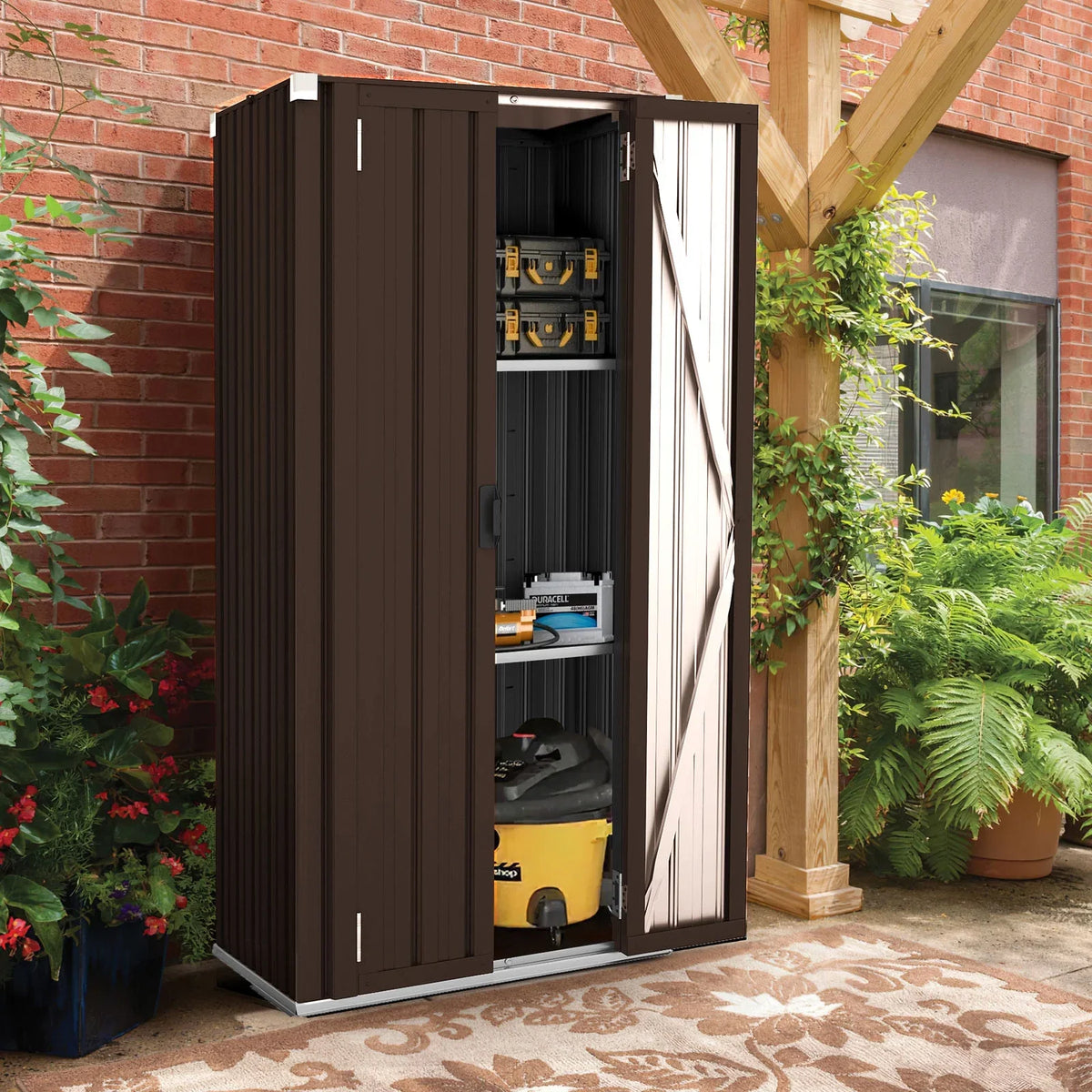 AECOJOY Outdoor Storage Cabinet Waterproof with Adjustable Shelves, Lockable Metal Outdoor Garden Storage Sheds Organizer in Brown, Versatile for Garage, Backyard, or Indoor Use