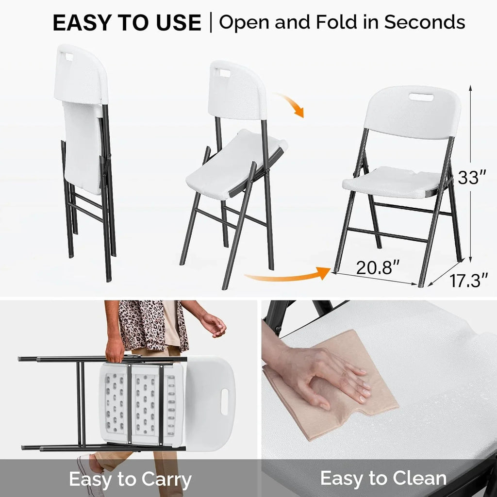 DYUKFG Folding Chairs, Heavy Duty Foldable Chair Portable HDPE Plastic Seat with Steel Frame for Indoor Outdoor Dinning Party Wedding School Use, White, 6 Pack