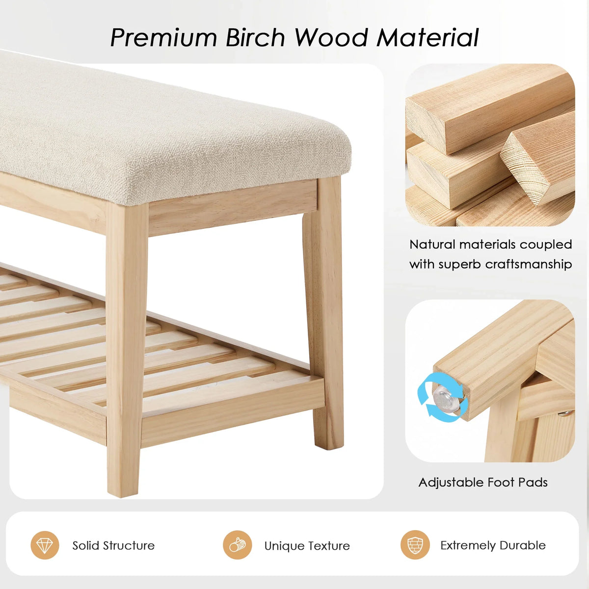 Zesthouse 42.9�?Shoe Bench with Storage, Entryway Bench for Living Room, Bedroom and Hallway, Linen Fabric Upholstered Bench with Solid Wood Shelf, Gray