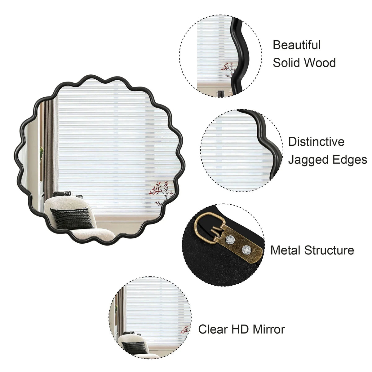 Solid Wood Wavy Frame Modern Mirror - 40x28 Inches Durable Farmhouse Wall Decor for Bathroom, Living Room & Entryway with Easy Install