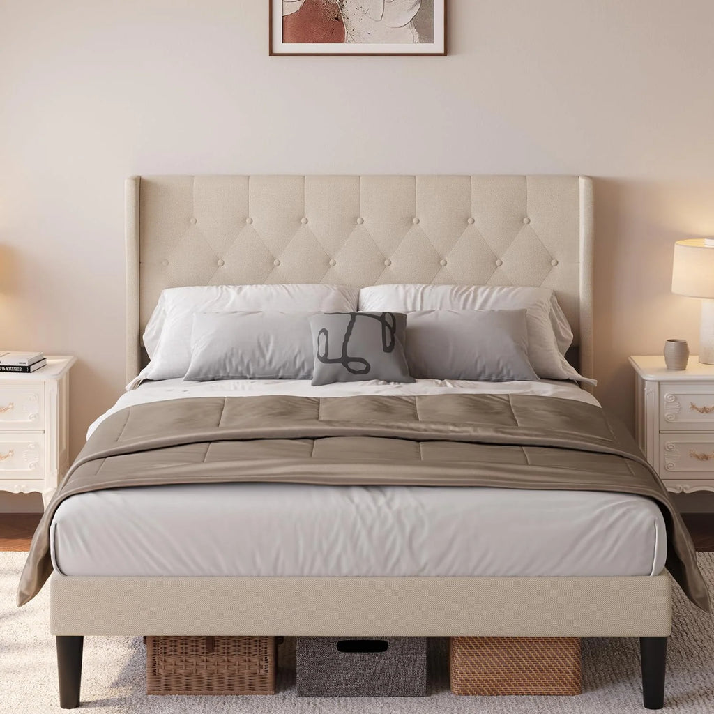 Full Size Bed Frame with Headboard, Under-Bed Storage, 850lbs, Beige