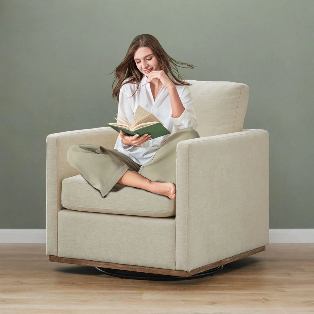 Swivel Accent Chair"360 Degree Square Swivel Chair for Living Room, Mid Century Modern Upholstered Swivel Barrel Chair,Comfy Sofa Armchairs for Bedroom,Nursery,Chenille(Beige)