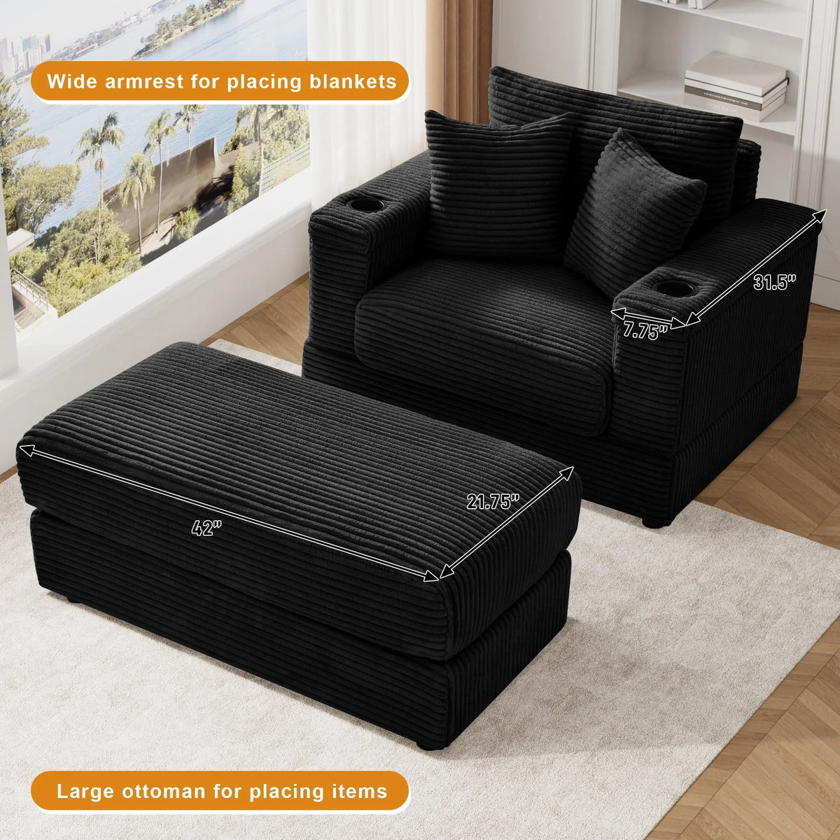 Wiilayok Oversized Lounge Chair Indoor,54" Corduroy Cloud Chaise Lounge Couch Indoor with Ottoman,Cup Holder for Living Room,Bedroom,Beige