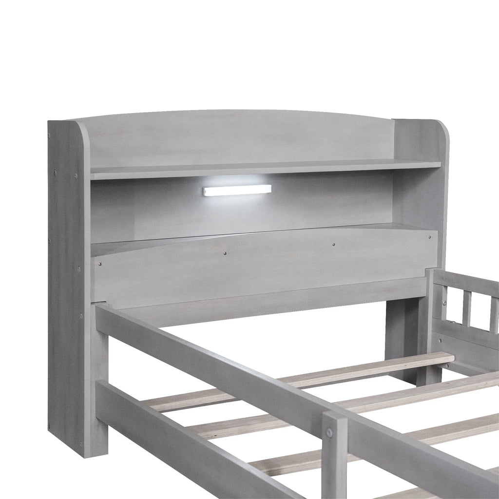 Euroco Wood Twin Size Platform Bed with Storage Headboard, Shelves and LED Light for Kids, Gray