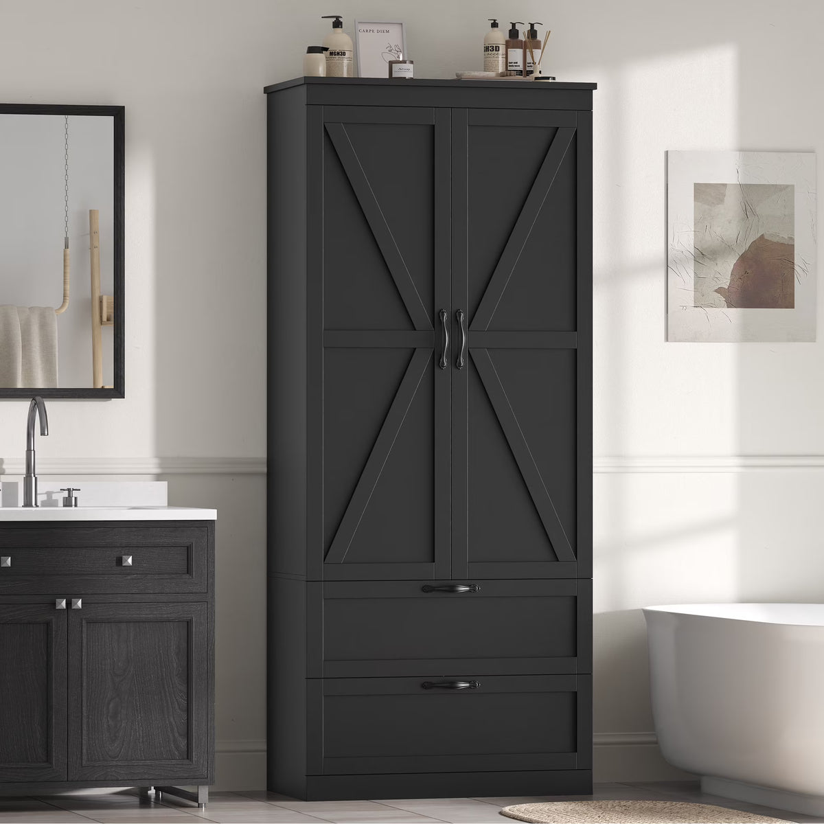 Homfa 70.3"H Bathroom Storage Cabinet, Farmhouse Linen Storage Cabinet with 2 Drawers, White