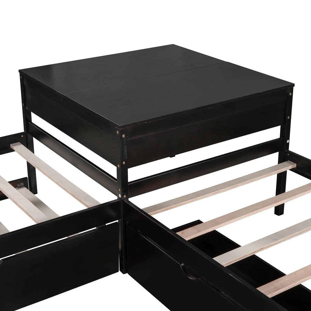 Euroco Wood Twin Size L-Shaped Platform Bed with Square Storage Table for Kids Teens, 2 Platform Beds with Trundle and Drawers for Living Room, 3 Twin Beds, Gray