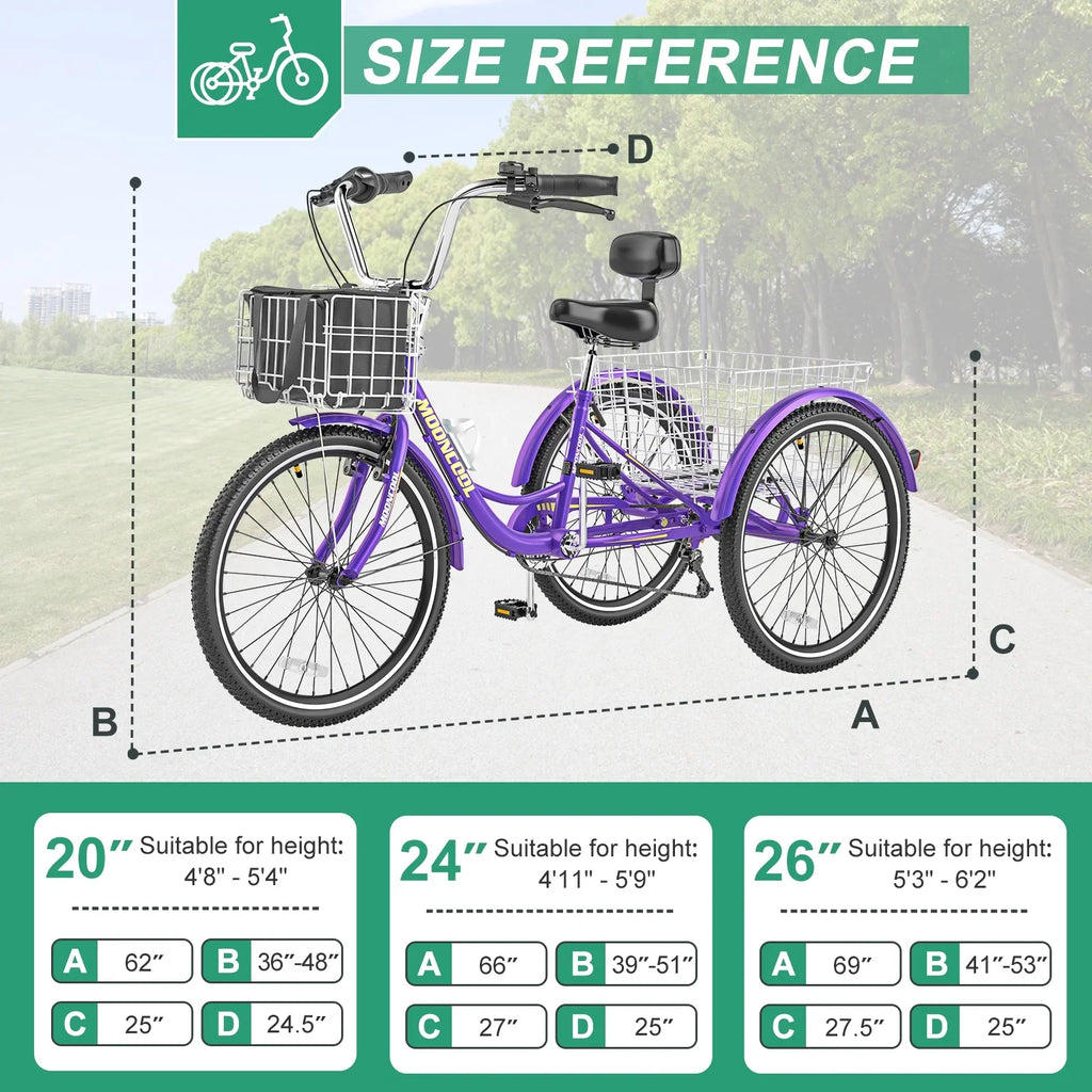 MOONCOOL Adult Tricycles with Rear Basket & Inflator, 24 26 inch 7 Speed 3 Wheel Bikes, Three-Wheeled Bicycles Adult Trike with Backrest for Seniors, Women, Men