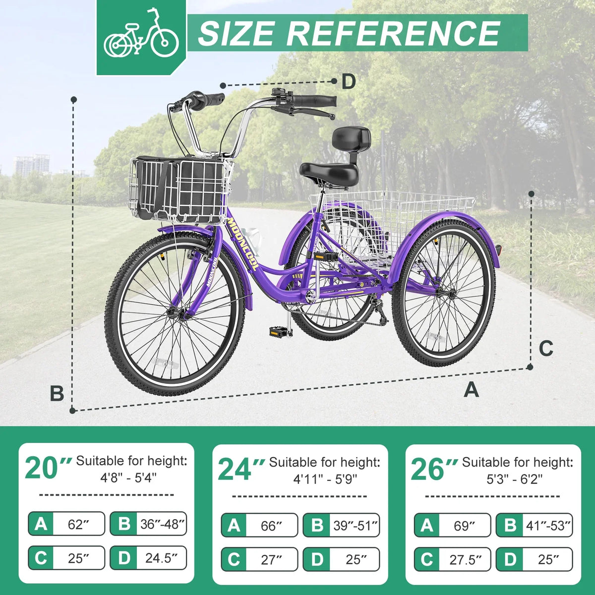 MOONCOOL Adult Tricycles with Rear Basket & Inflator, 24 26 inch 7 Speed 3 Wheel Bikes, Three-Wheeled Bicycles Adult Trike with Backrest for Seniors, Women, Men