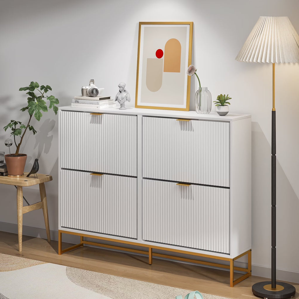 Oubayajia Modern Shoe Storage Cabinet, Wood Shoe Rack Organizer with 2 Flip Drawers, Freestanding Narrow Shoe Cabinet for Entryway Hallway, Natural