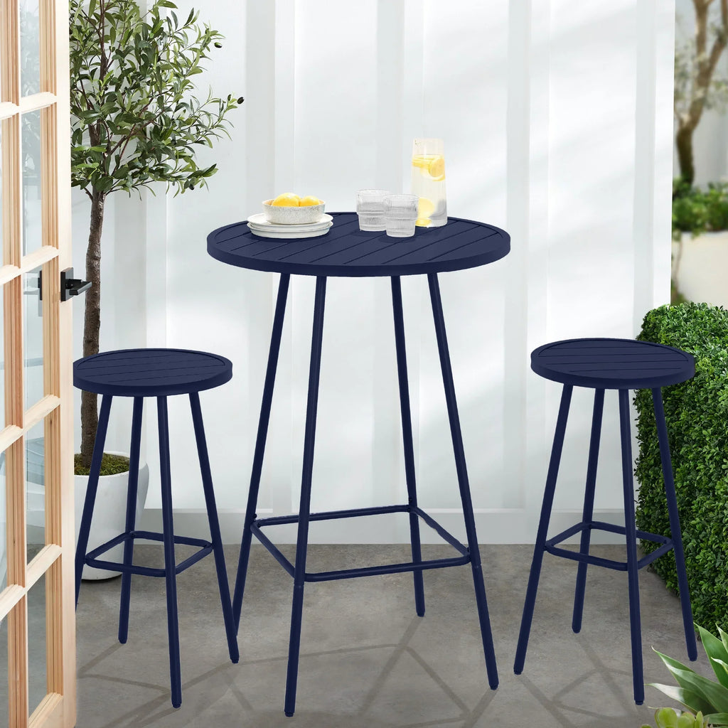Best Choice Products 3-Piece Steel Patio Bar Height Round Bistro Set w/ Backless Stools, Slatted Design - Black