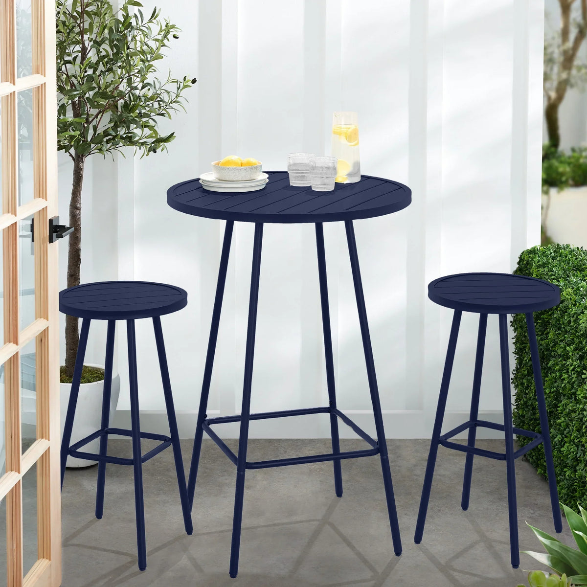 Best Choice Products 3-Piece Steel Patio Bar Height Round Bistro Set w/ Backless Stools, Slatted Design - Black