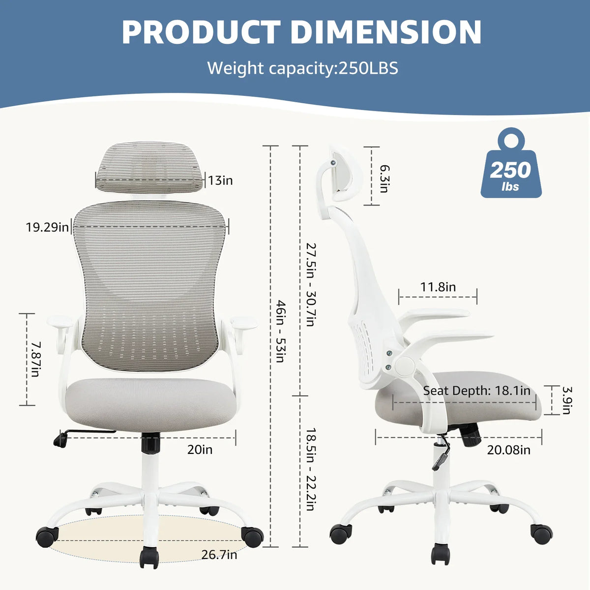 Dovelina Ergonomic Office Chair with Headrest, Adjustable Task Chair with Flip-Up Armrests