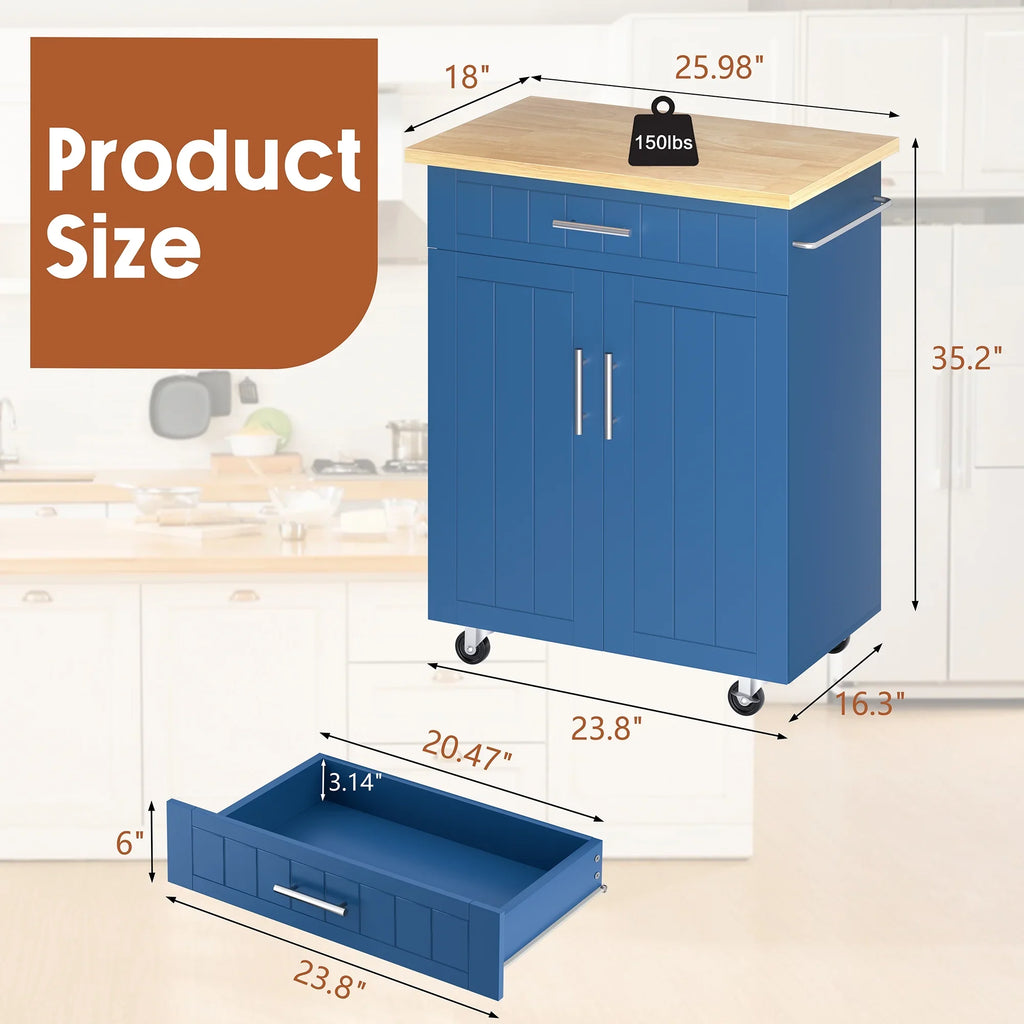 Walsunny Kitchen Island Table Stand with Storage on Wheels,Rolling Kitchen Cart Storage Cabinet with Drawer,White