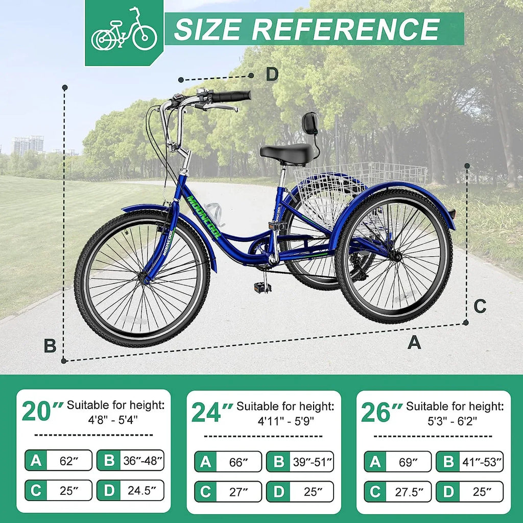 MOONCOOL Adult Tricycles with Rear Basket & Inflator, 24 26 inch 7 Speed 3 Wheel Bikes, Three-Wheeled Bicycles Adult Trike with Backrest for Seniors, Women, Men