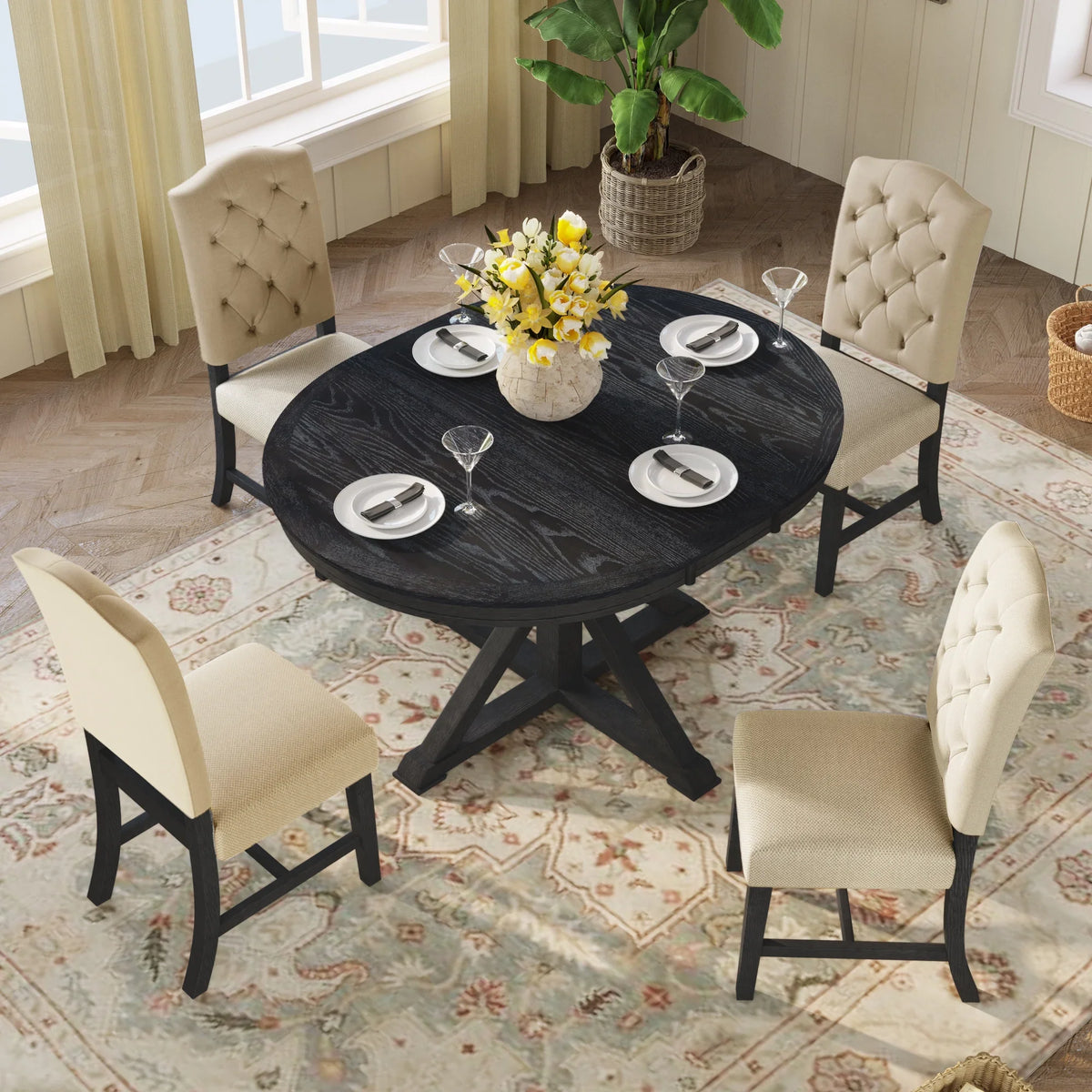 Harper & Bright Designs Round Extendable Dining Table Set for 4, 5 Piece Farmhouse Wood Dining Table Set with 4 Upholstered Dining Chairs, Natural Wood Wash