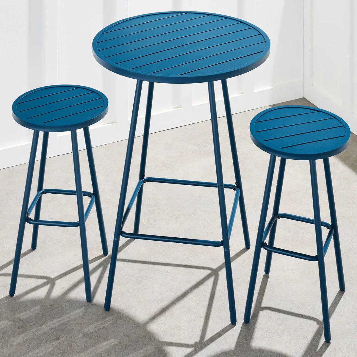 Best Choice Products 3-Piece Steel Patio Bar Height Round Bistro Set w/ Backless Stools, Slatted Design - Black