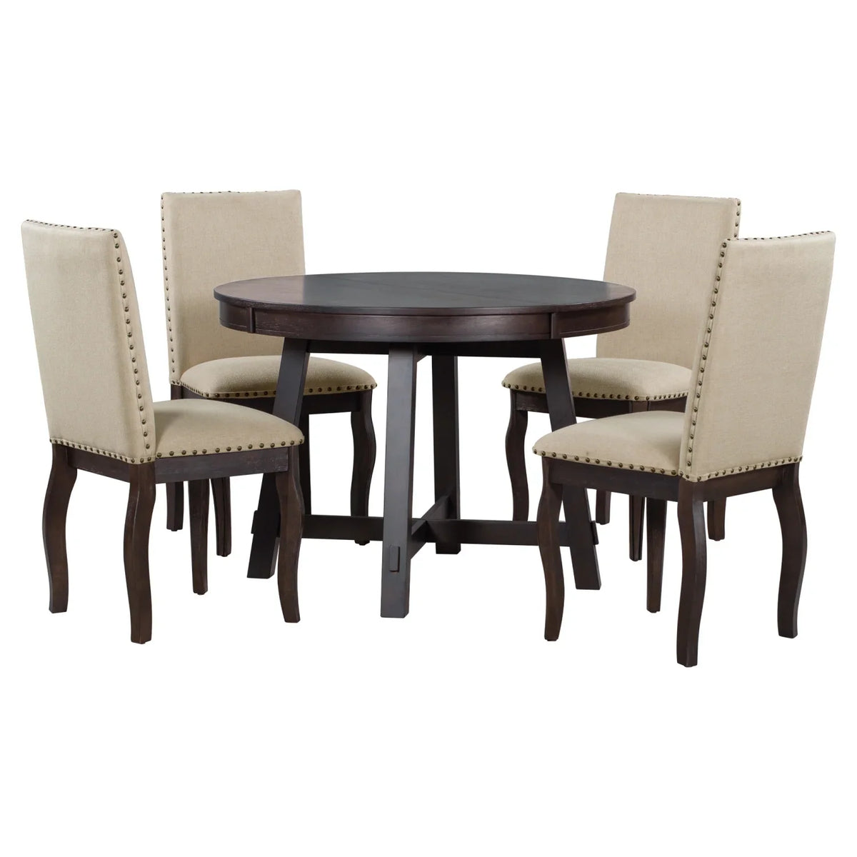 Harper & Bright Designs Round Extendable Dining Table Set for 4, 5 Piece Farmhouse Wood Dining Table Set with 4 Upholstered Dining Chairs, Natural Wood Wash