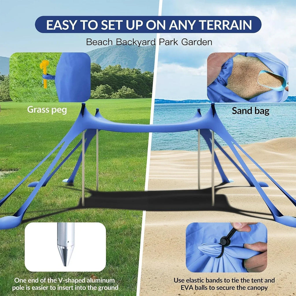 Beach Tent Canopy with 8 Sandbags 4 Aluminum Poles, Pop Up Portable Camping Sun Shelter, Easy Set Up with 2 Sand Shovel, Ground Pegs, Carrying Bag for Outdoor Beach,Picnic, Fishing