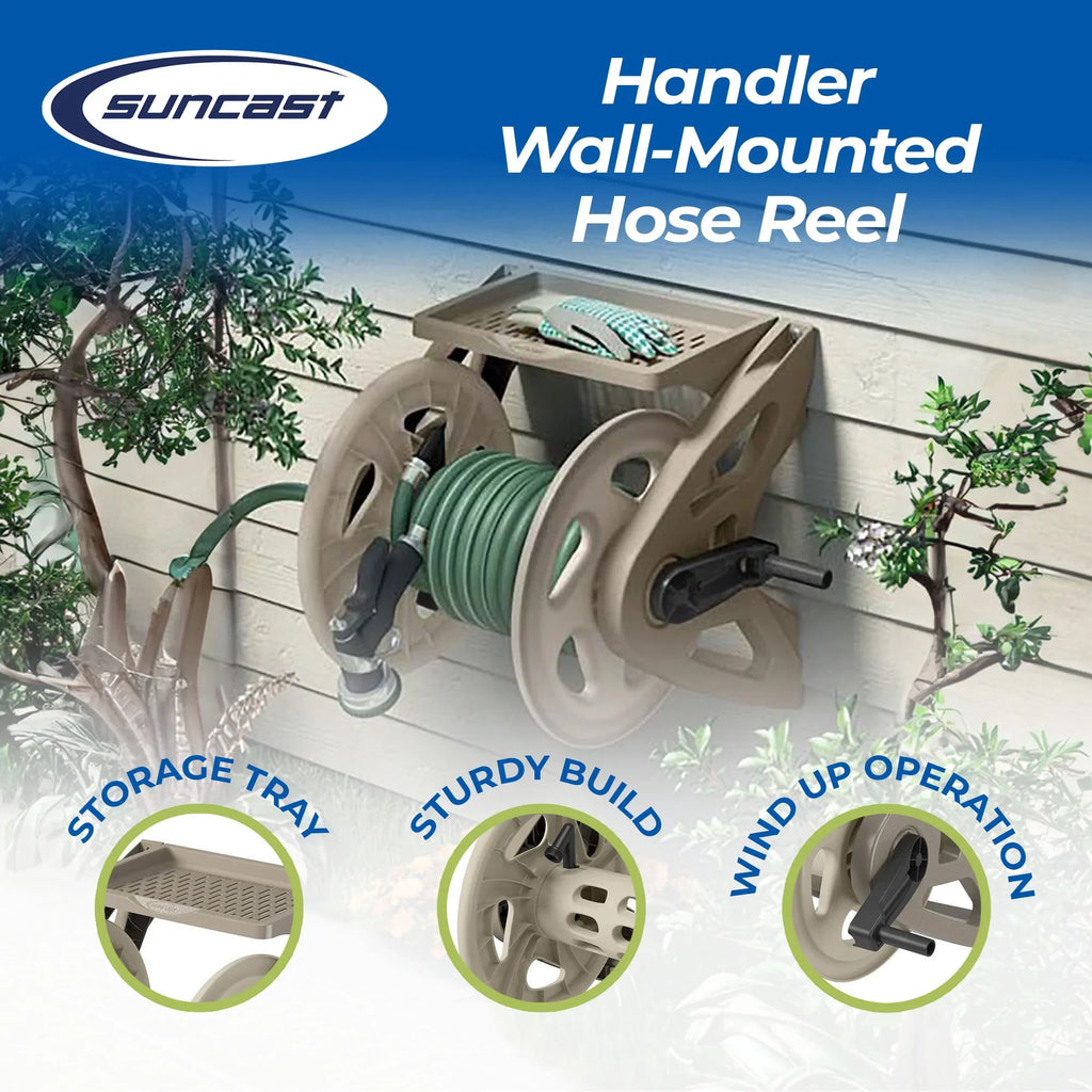 Suncast Handler 200 Foot Resin Wall Mounted Outdoor Garden Hose Reel, Taupe