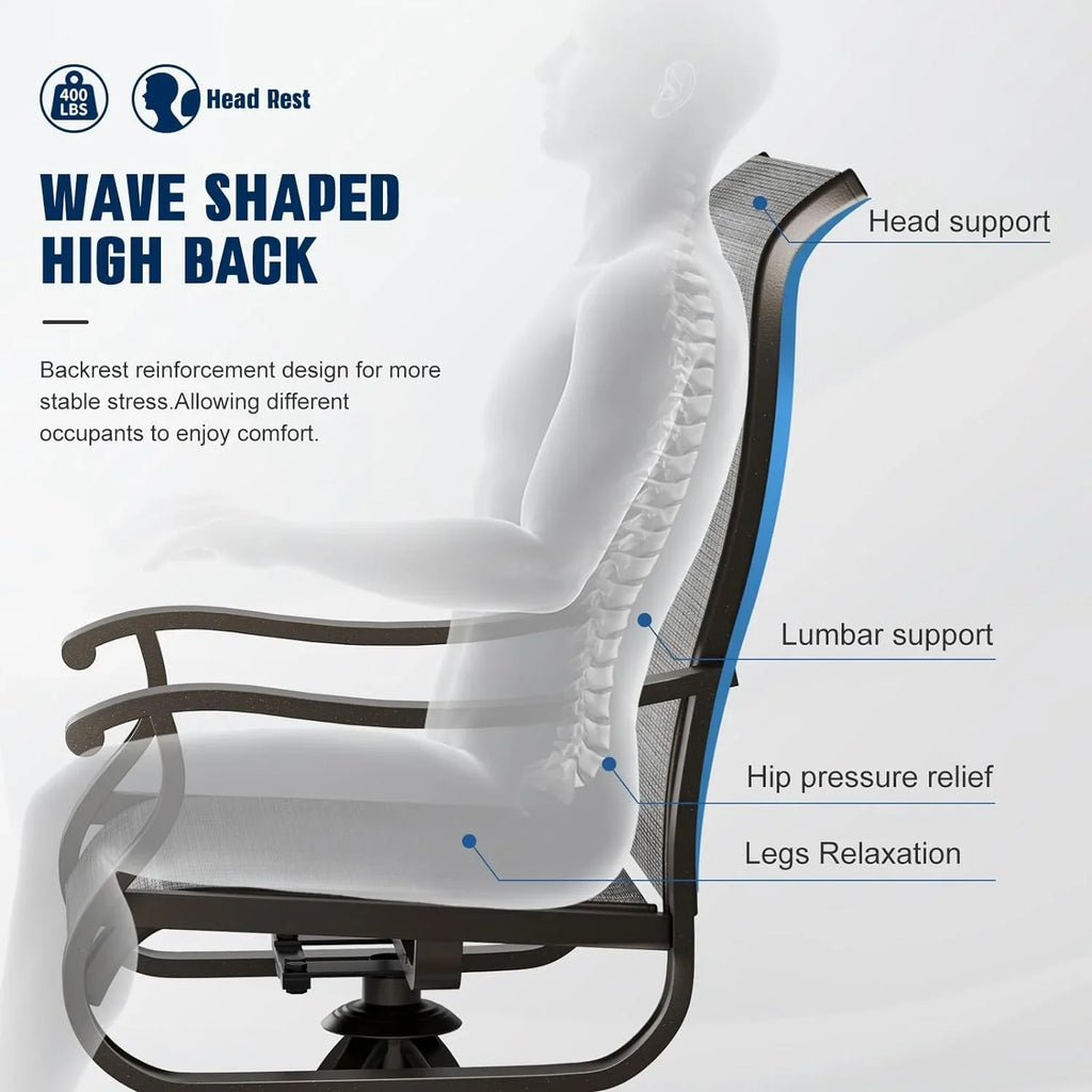 Techmilly Patio Swivel Chairs Set of 2, Outdoor Dining Chairs High Back Padded All Weather Breathable Textilene Outdoor Swivel Chairs with Metal Rocking Frame for Lawn Garden Backyard Deck, Dark Grey