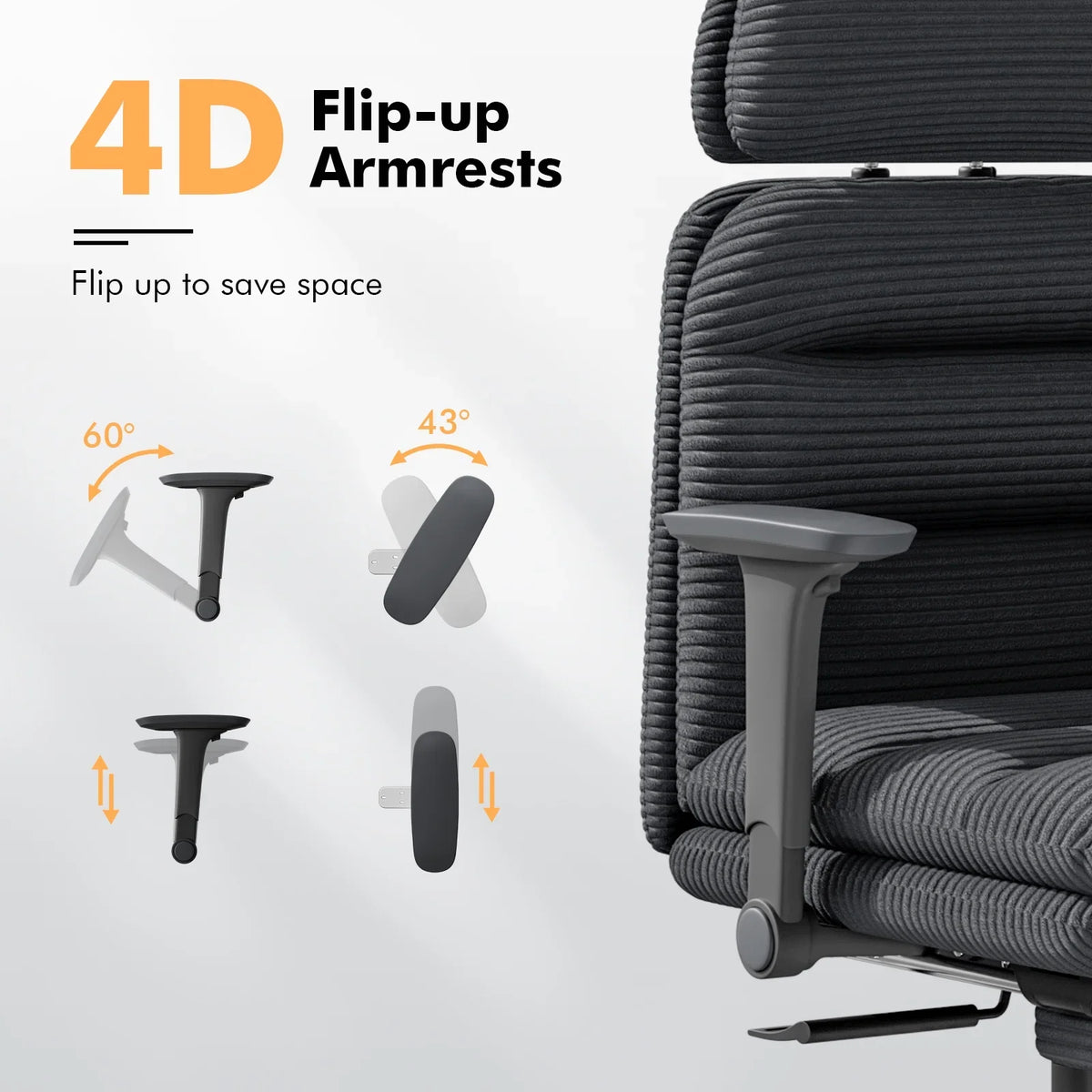 Solfway Criss Cross Chair with Wheels & Flip-up Arms, Executive Office Chair with Foot Rest, Swivel Cross Legged Office Chair, White Corduroy Fabric Comfy Computer Desk Chair, Vanity Chair for Home