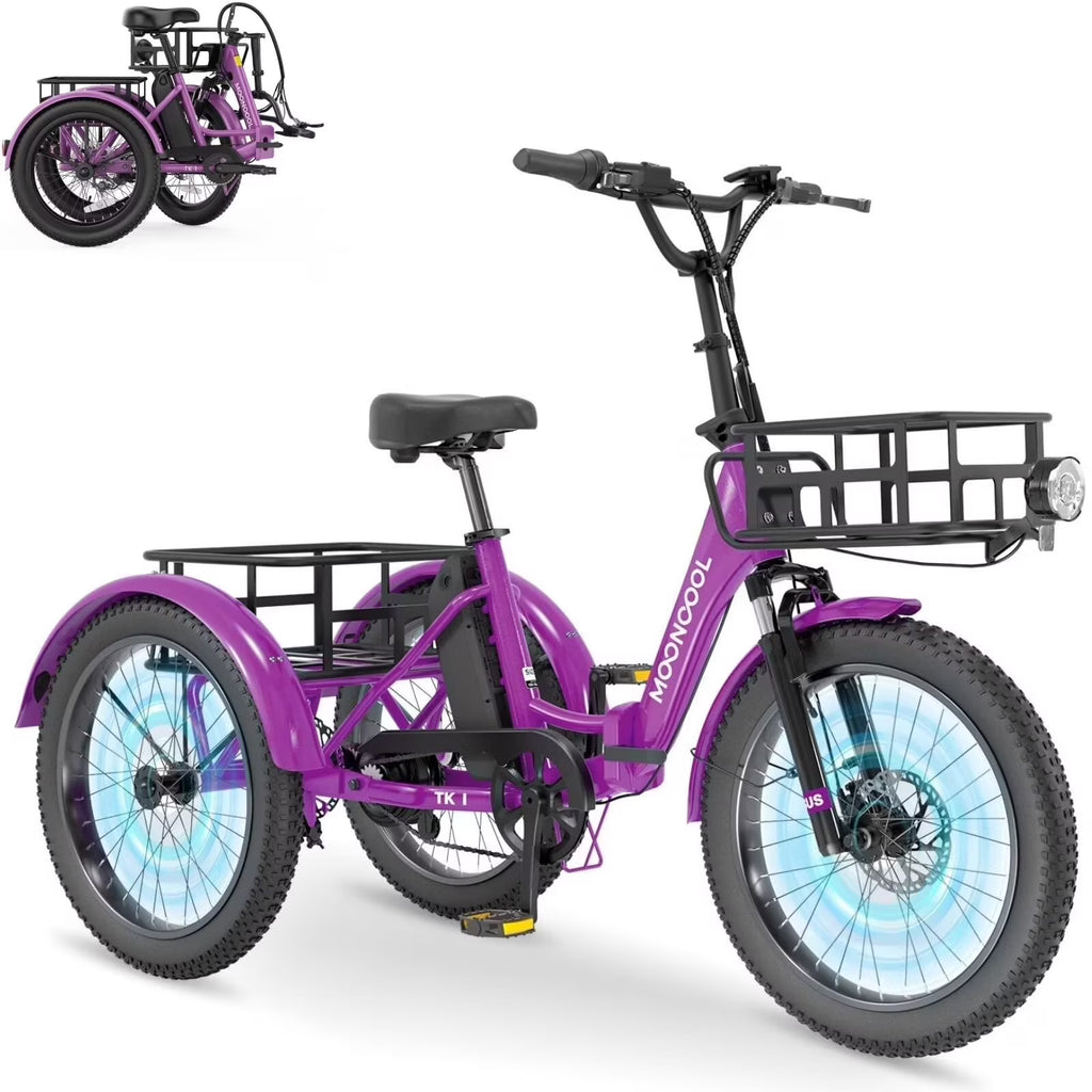 MOONCOOL TK1 Folding Electric Tricycle for Adults,48V 14.5Ah Removable battery, 500W"Peak 1000w"Motor, 20" Fat Tire Step-Thru 3Wheel Electric Bicycle w/Front&Rear Baskets, Certified to UL 2849 by SGS