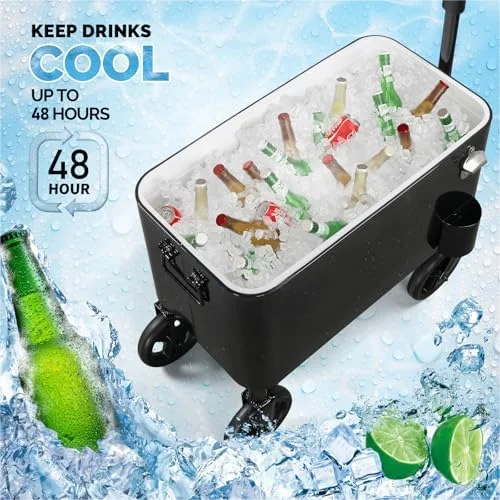 80 Quart Wagon Rolling Cooler Ice Chest, /Long Handle and 10" Wheels, Portable Beach Patio Party Bar Cold Drink Beverage, Outdoor Park Cart on Wheels