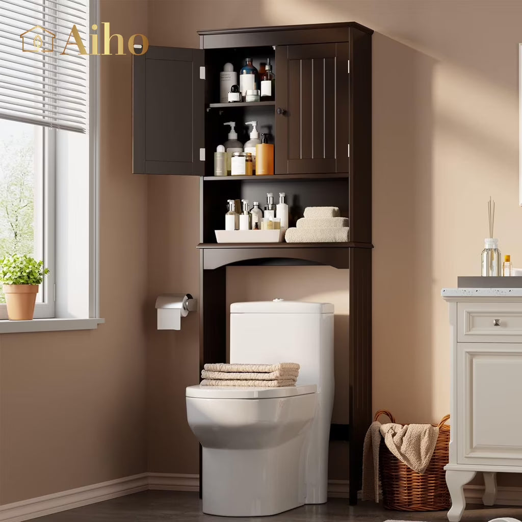 Aiho 66.1" over the Toilet Storage Cabinet with Adjustable Shelf and Open Storage Shelf, Freestanding - White